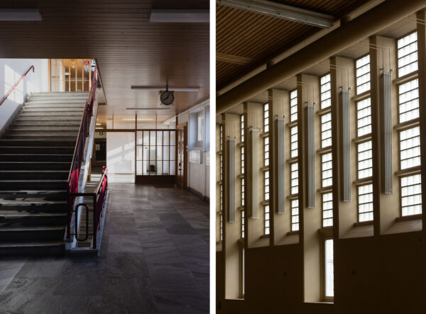 Sportanlage Waesserwies Interieur Treppenhaus Treppe und Turnhalle seitliche Ansicht vertikale Fenster