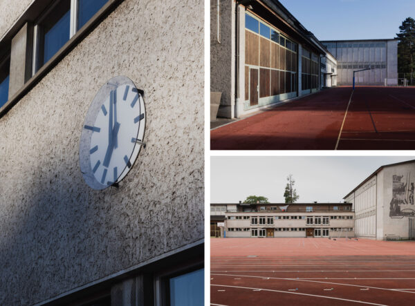 Sportanlage Waesserwies Uhr am Zwischentrakt, Ausschnitt Sportplatz und Zwischentrakt, Aussenansicht Zwischentrakt Seite Sportplatz